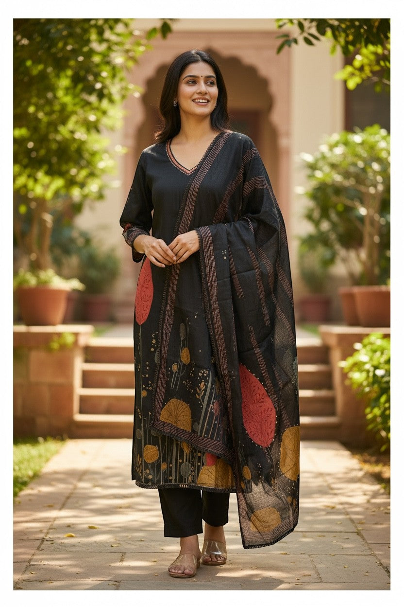 Printed Kurti With Pants And Dupatta Set