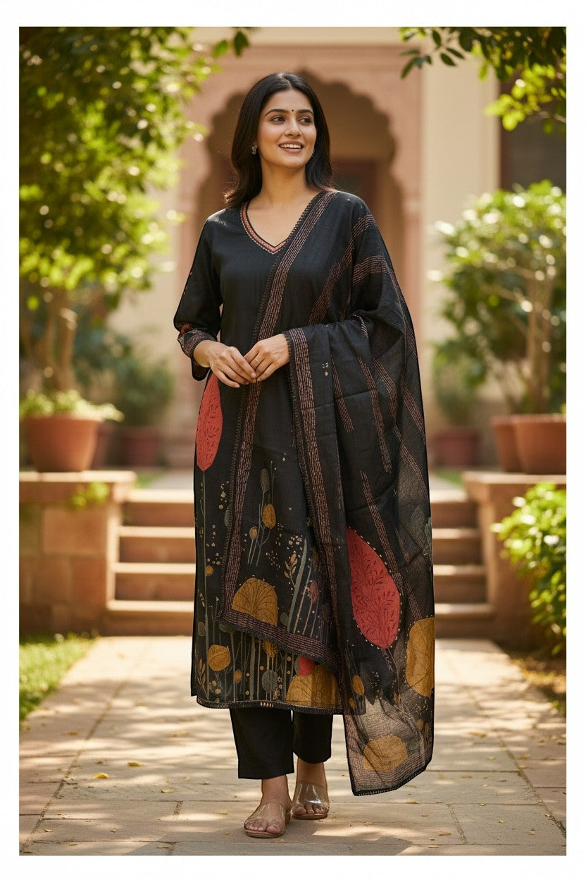Printed Kurti With Pants And Dupatta Set