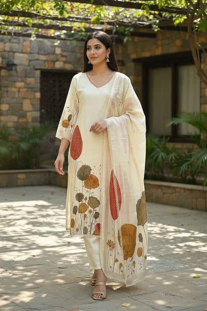 Botanical Print Kurta Set With Dupatta