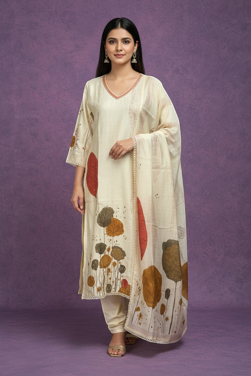 Botanical Print Kurta Set With Dupatta