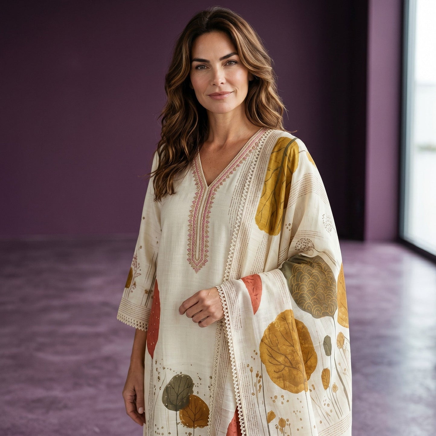 Botanical Print Kurta Set With Dupatta