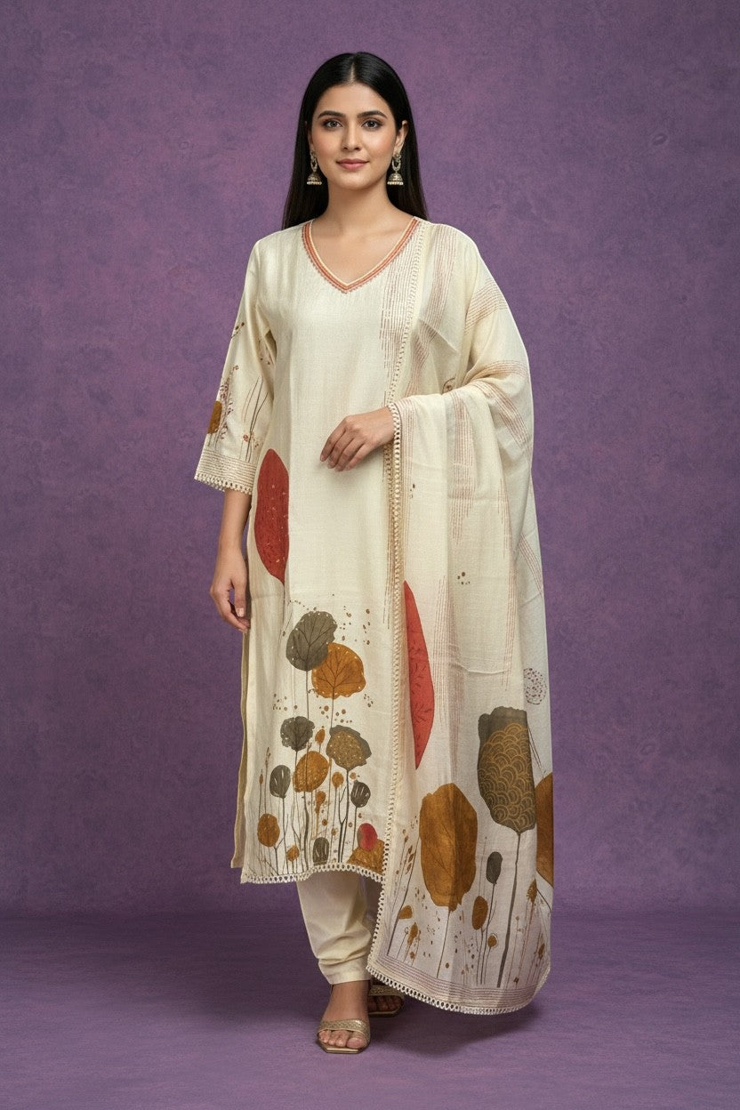 Botanical Print Kurta Set With Dupatta