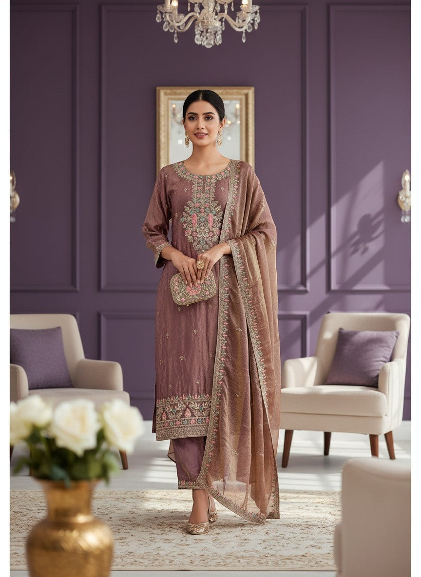 Embroidered Silk Kurti Pant Dupatta Set