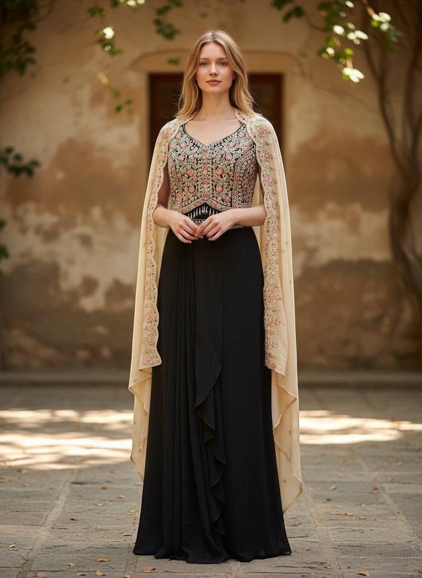 Embroidered Cape Style Ethnic Gown