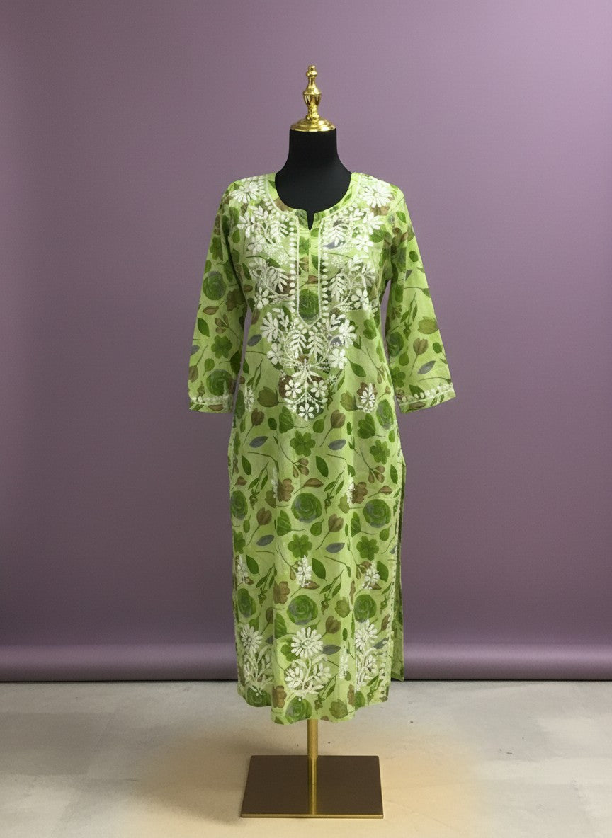 Embroidered Cotton Kurti With Floral Print