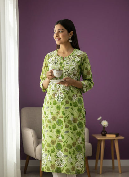 Embroidered Cotton Kurti With Floral Print