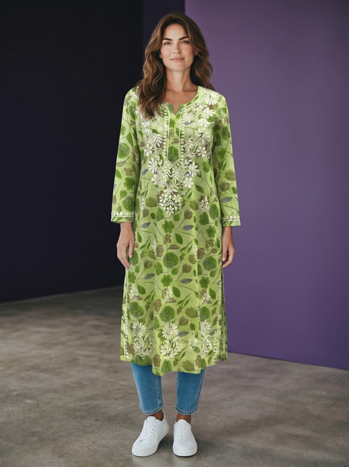 Embroidered Cotton Kurti With Floral Print