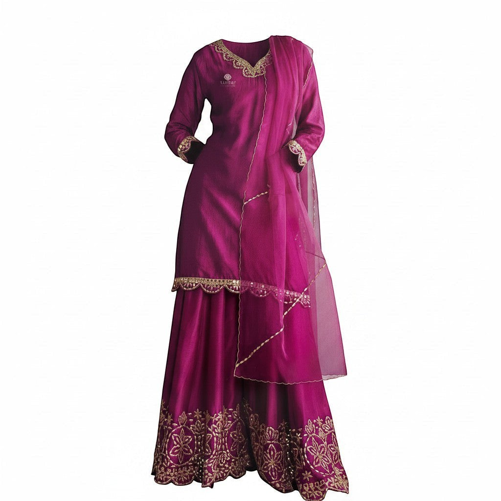 Embroidered Silk Kurti With Sharara Pants