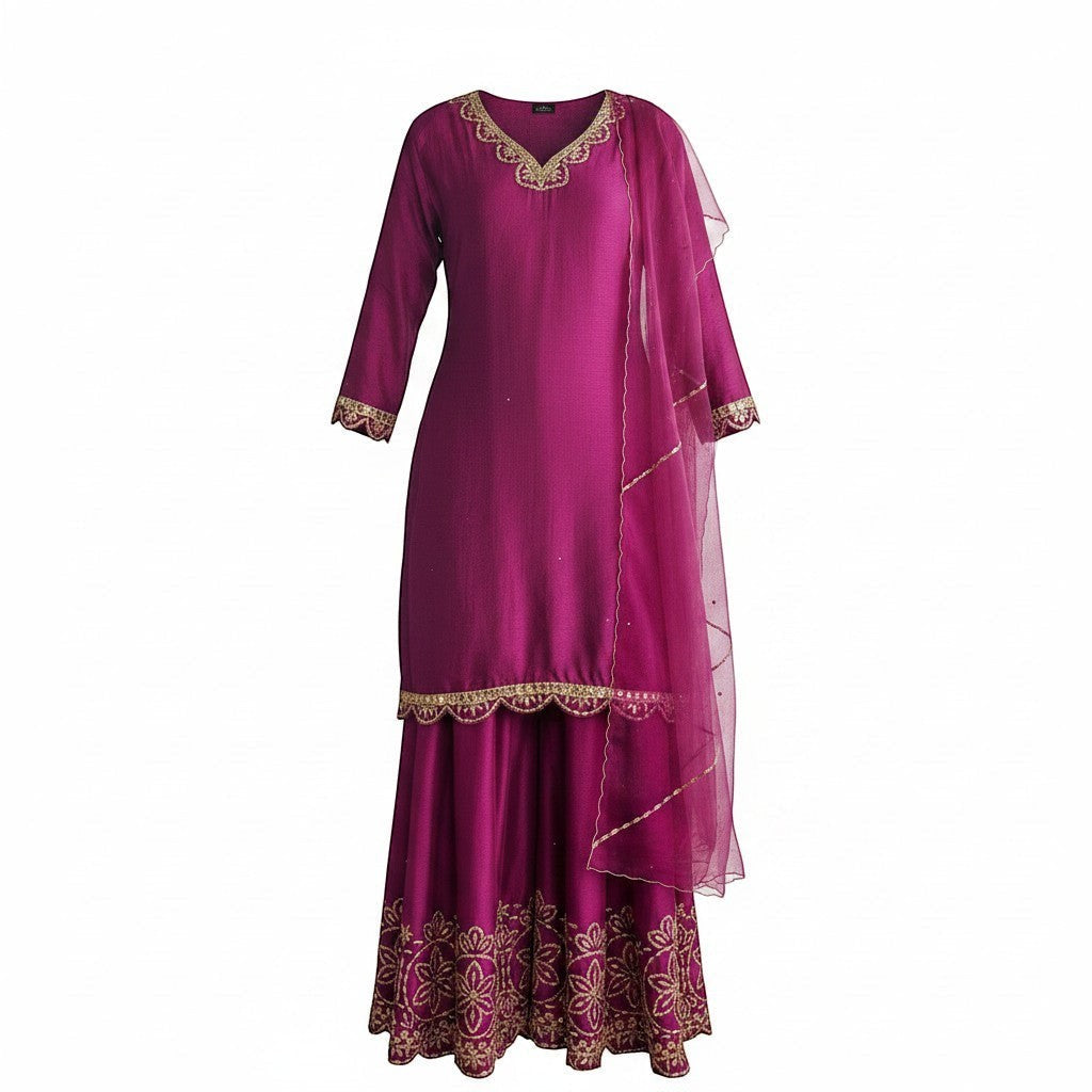 Embroidered Silk Kurti With Sharara Pants