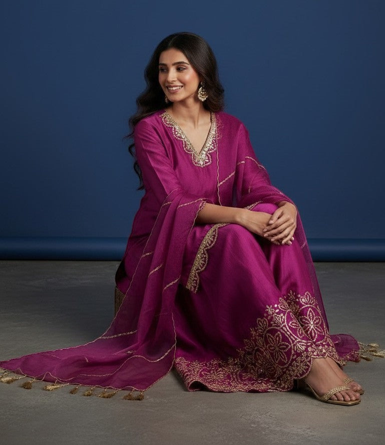 Embroidered Silk Kurti With Sharara Pants