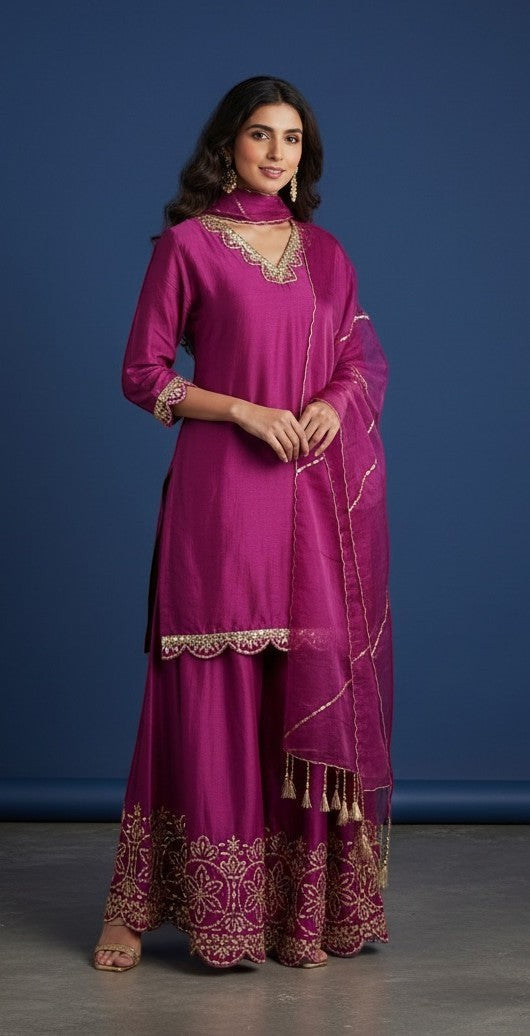 Embroidered Silk Kurti With Sharara Pants