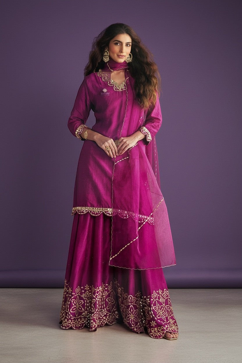 Embroidered Silk Kurti With Sharara Pants