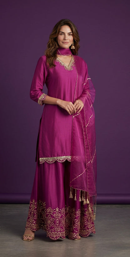 Embroidered Silk Kurti With Sharara Pants