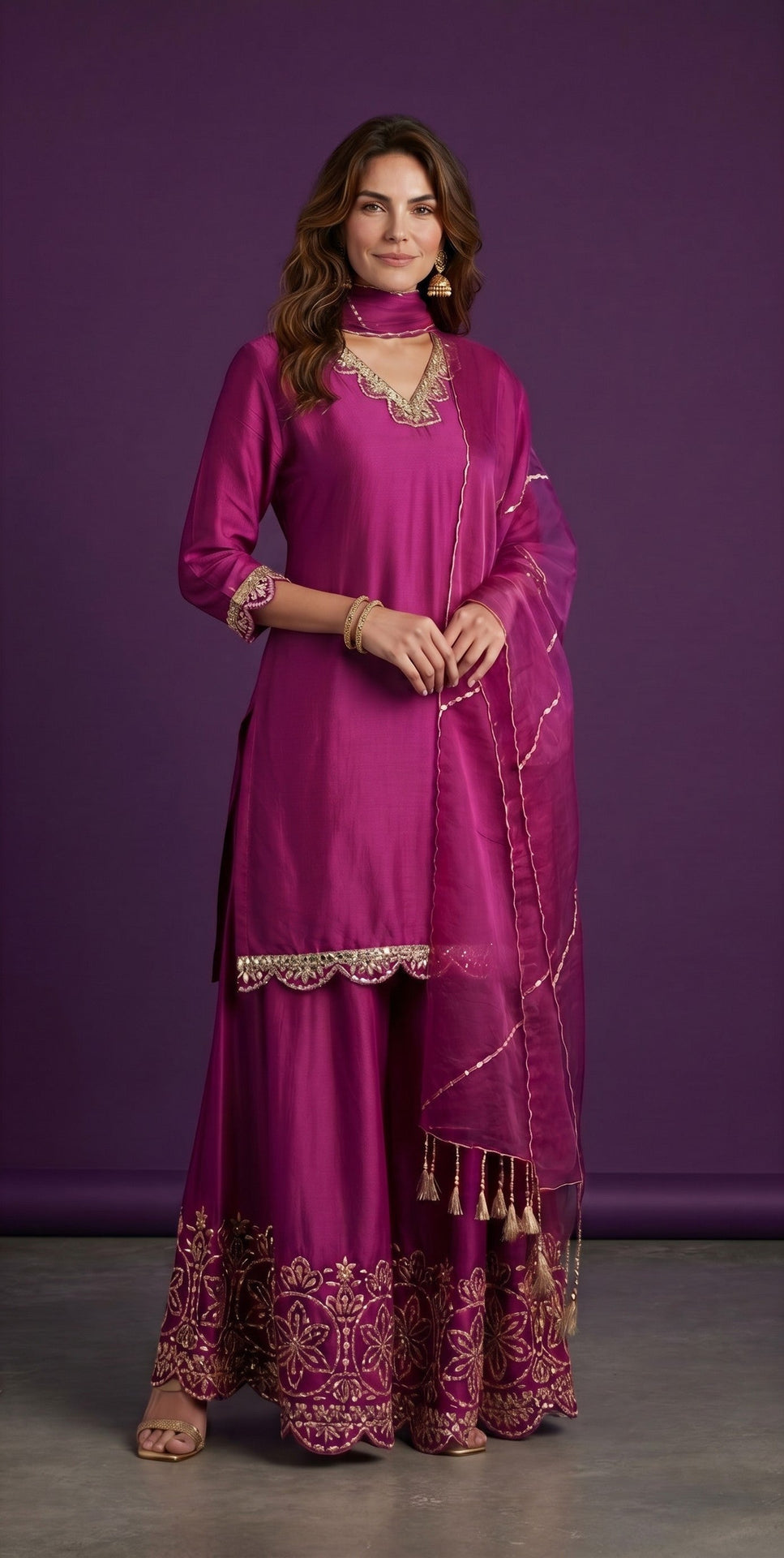 Embroidered Silk Kurti With Sharara Pants