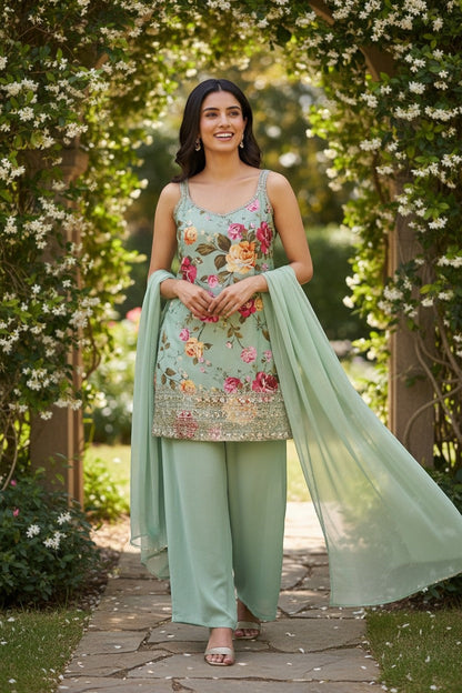 Floral Embellished Sleeveless Kurti With Palazzo Pants