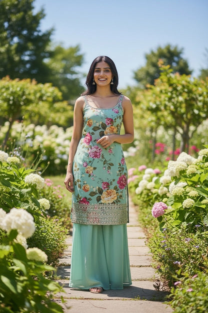 Floral Embellished Sleeveless Kurti With Palazzo Pants