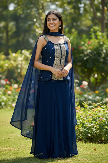 Embroidered Sleeveless Palazzo Suit With Scarf