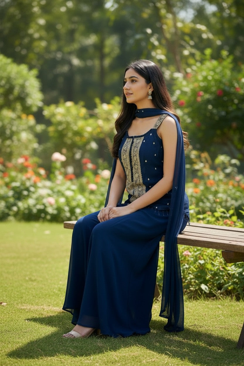 Embroidered Sleeveless Palazzo Suit With Scarf