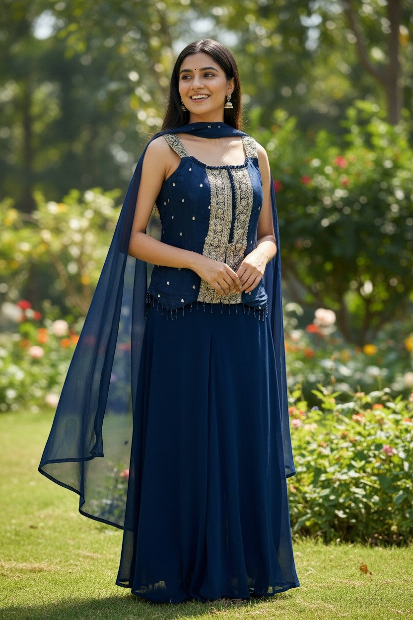 Embroidered Sleeveless Palazzo Suit With Scarf