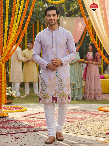 Embroidered Peacock And Deer Kurta Set