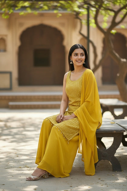 Embellished Sleeveless Kurti With Palazzo Pants