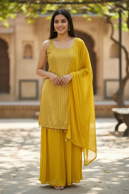 Embellished Sleeveless Kurti With Palazzo Pants