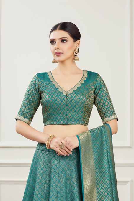 Teal blue jacquard blouse